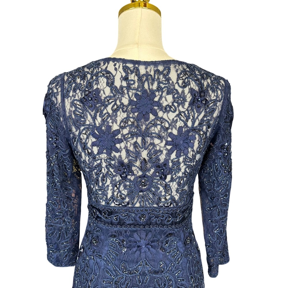 Sue Wong Navy Blue Beaded Lace Cocktail Dress V-Neck 3/4 Sleeve Formal Gown - Picture 13 of 16
